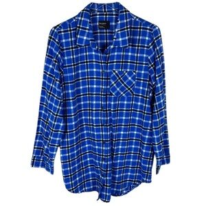 FREE PRESS LONG LENGTH BLUE PLAID BUTTON DOWN SHIRT